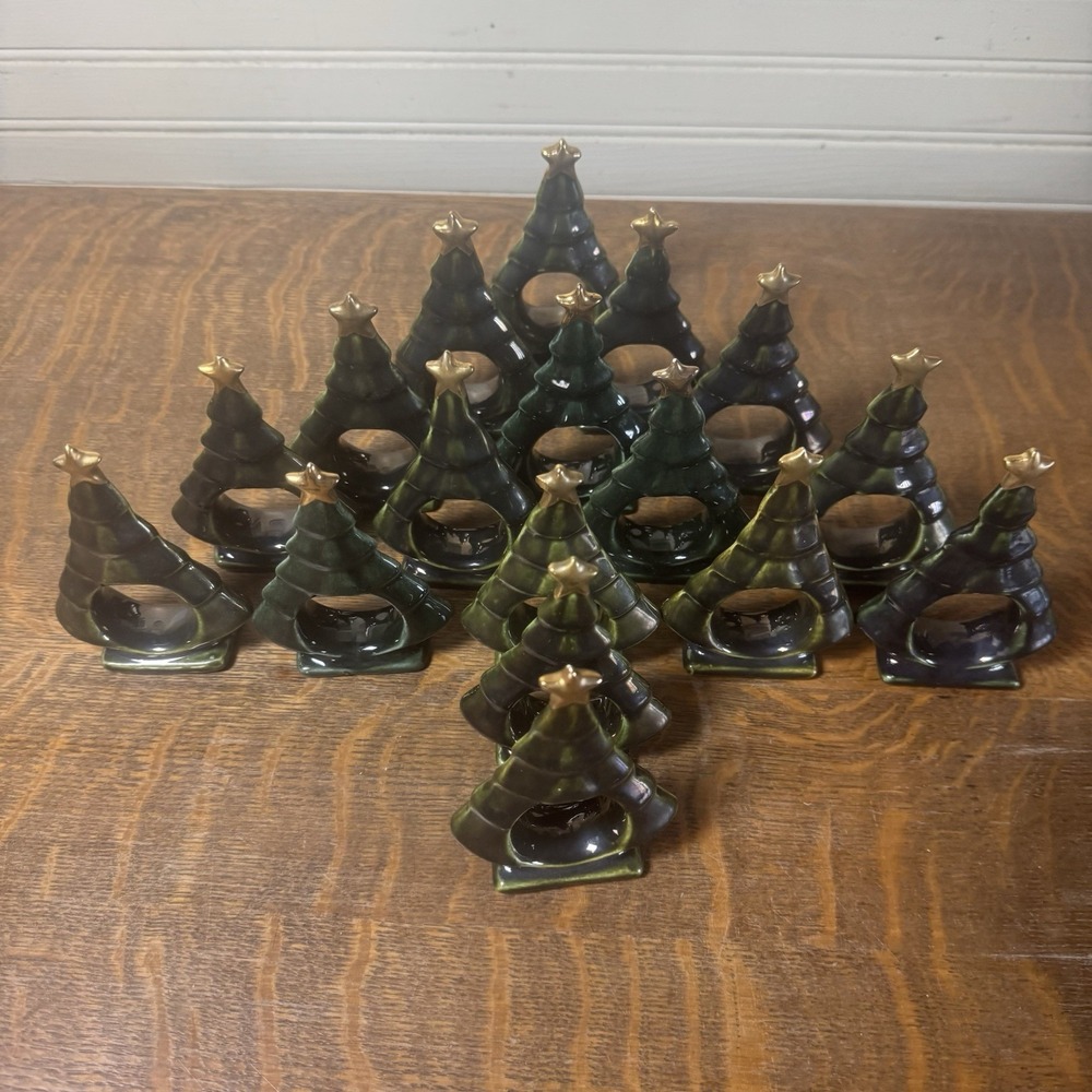 Lot of 17 Ceramic Christmas Tree Napkin Rings Green Gold Star Holiday Decor